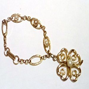 Vintage Charm Bracelet with Pearl Accents and Lucky 4 Leaf Clover Charm